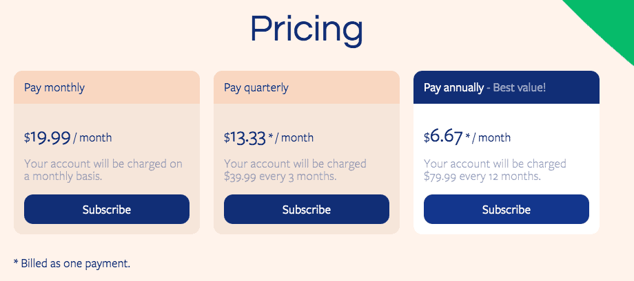 This table shows the prices for monthly, quarterly, and annual subscriptions.