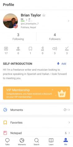 Profile page of an English speaker learning Italian.