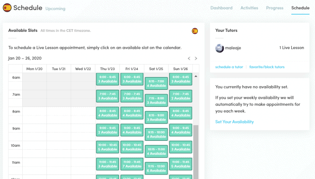 Image showing the available times one can schedule a Live Lesson with a tutor.