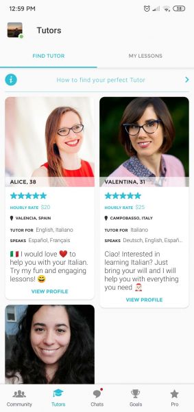 Screenshot of the Tandem Tutors section of the app. The image shows three tutors; it shows their picture, rating, price, and languages.