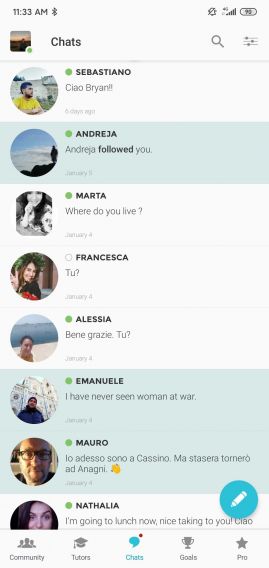 Screenshot of the Chats section in the Tandem app. Shown are a list of messages in an inbox.
