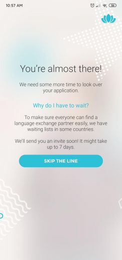 Page in the Tandem app telling the user that there's a waiting period of up to one week for profile approval.