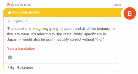 Screenshot of a featured answer on HiNative. Featured answers are displayed with a yellow border and a crown icon.