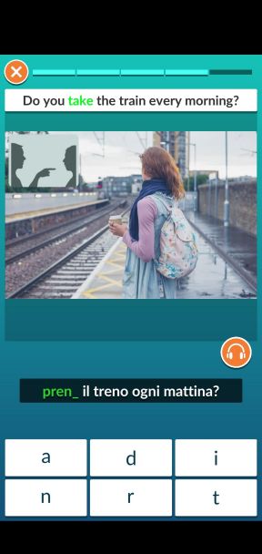 Screenshot of a grammar exercise, showing a picture of a girl waiting to take a train.