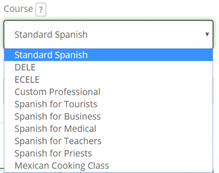 A drop-down menu of the Spanish courses available in Live Lingua.