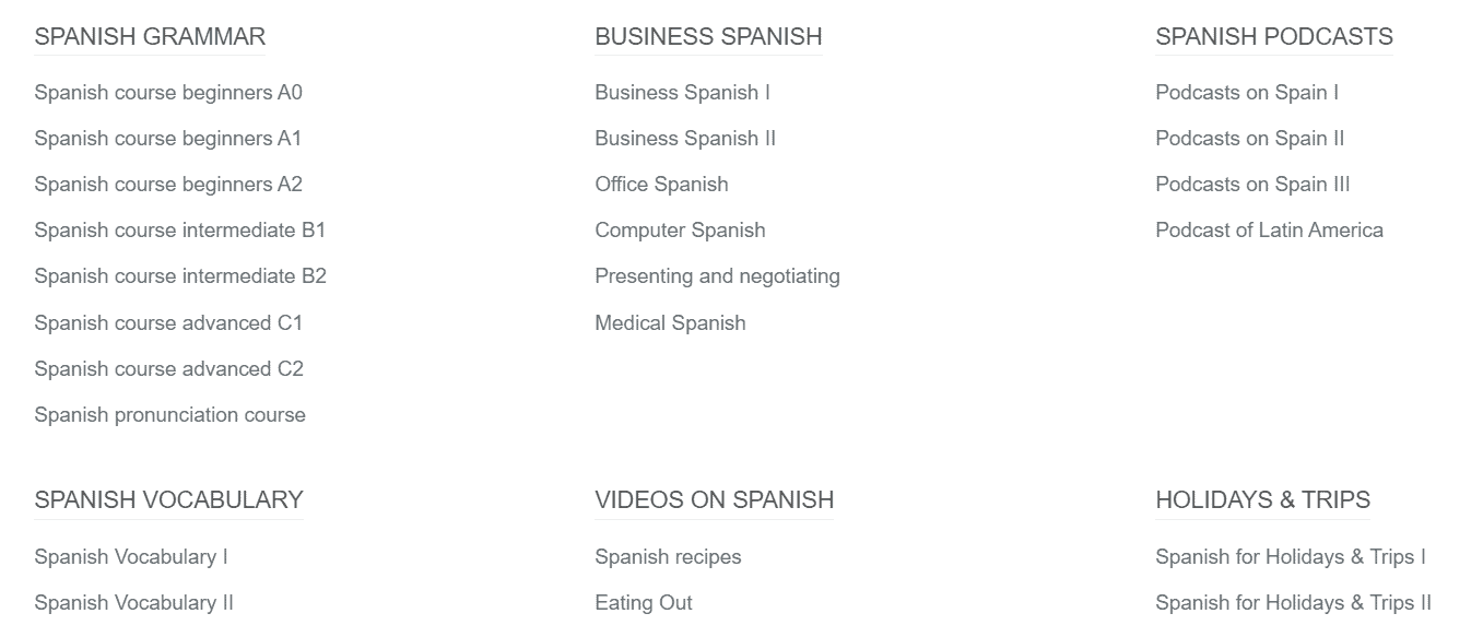This screenshot shows all of the different Spanish courses available in Lengalia.