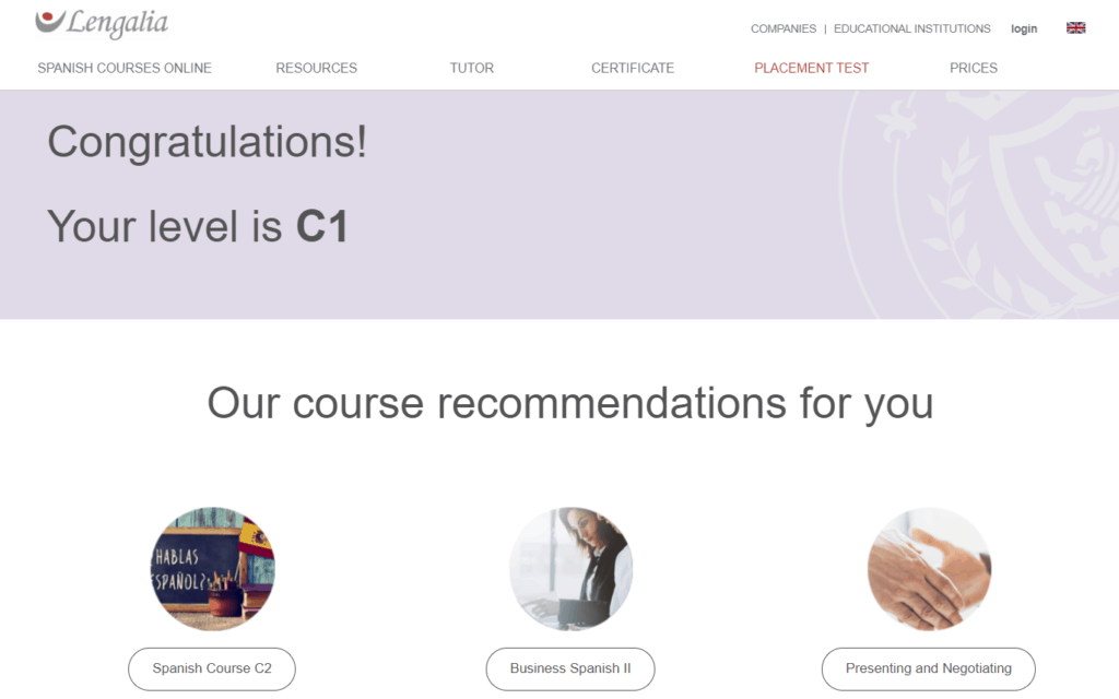 This is the placement test result, showing the message, "Your level is C1," and a list of recommended courses.