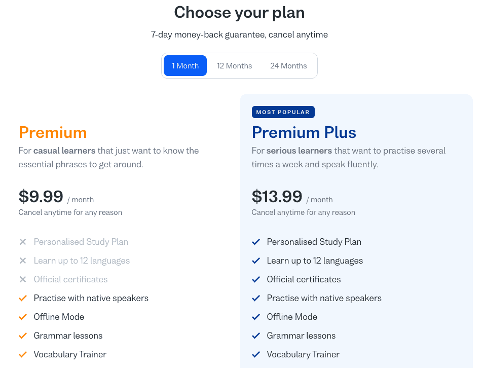 Image from the Busuu website listing the differences between the Busuu Premium and Premium Plus memberships.