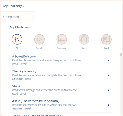 This is the main screen of the Challenges section.