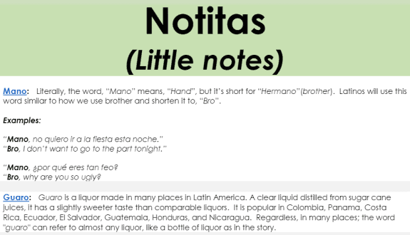 This is a sample of the Notitas section of an audio lesson, showing explanations of various colloquialisms and vocabulary.