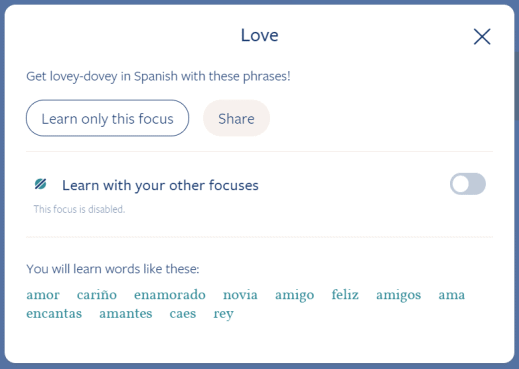 A screenshot of the options available for how to study the Love course focus.