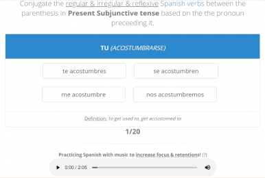 Screenshot of the verb conjugation learning tool on Live Lingua.