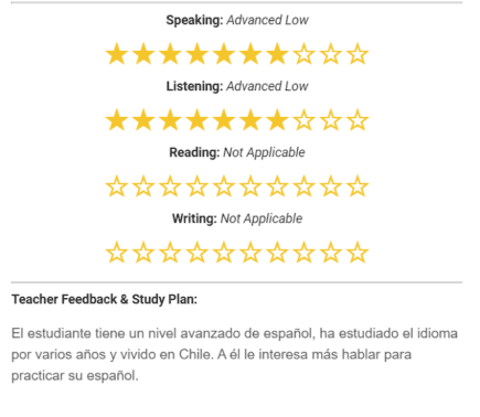 Screenshot of an email from Live Lingua showing the speaking, listening, reading, and writing assessments from the trial class.