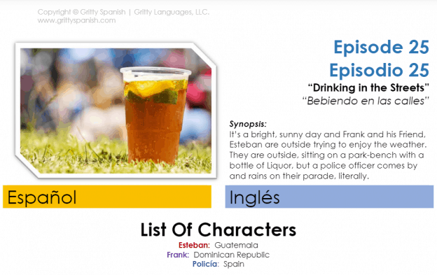 This is the beginning of the PDF that comes with each audio lesson. It shows the title of the episode, a synopsis, and a list of characters.