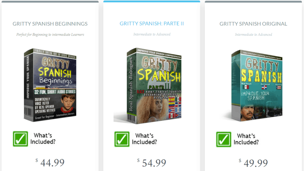 This shows the prices for each of the different Gritty Spanish courses.