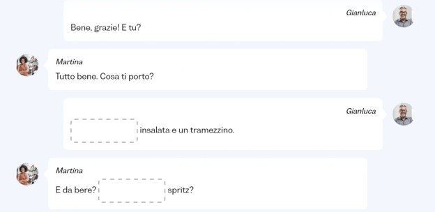 Image of a simulated conversation in Italian with a fill-in-the-gap activity.