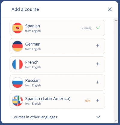 This screenshot shows the different language courses that are available with instructions in English.