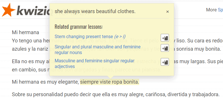 This screenshot shows how the translation tool works in the reading practice material. It shows a translation of the phrase as well as links to relevant grammar lessons.