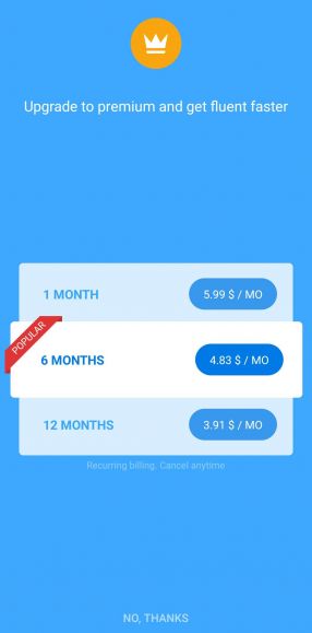 These are the subscription prices for a premium membership to Speaky. There are options for one month, six months, and 12 months.