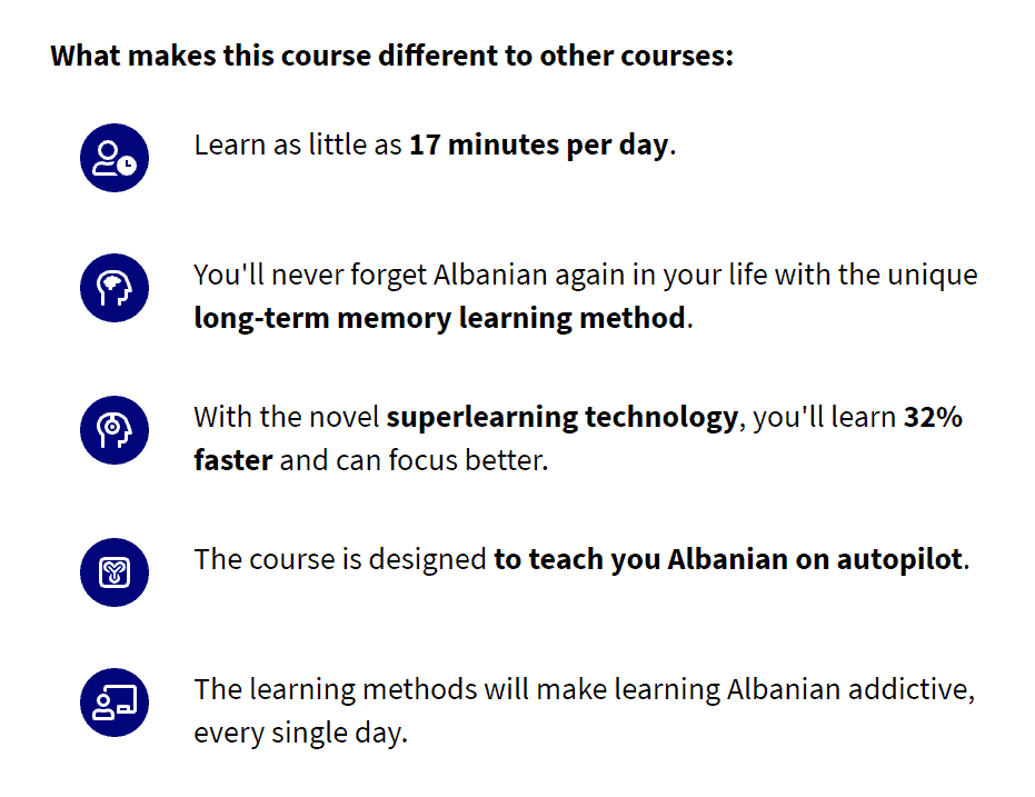 List describing what makes 17 Minute Languages different from other courses.