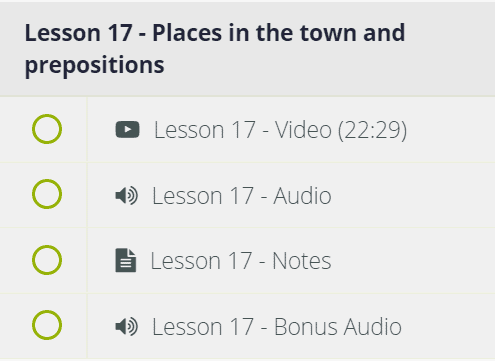 This menu shows the material available as part of lesson 17 in the first season of a Coffee Break course.