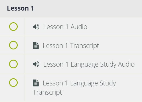 This menu shows the materials that are available in the first lesson of the season four French course.
