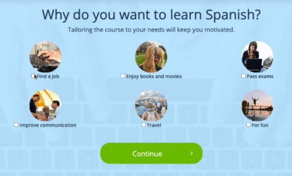 Screen with options for choosing why you want to learn Spanish.