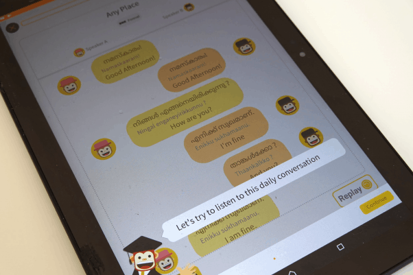 A tablet with the Ling app teaching a Malayalam conversation