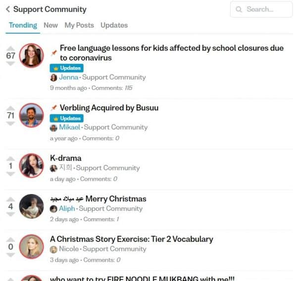 Screenshot of Verbling Support Community forum, with off-topic posts