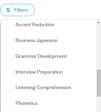 Screenshot of the filters on Verbling's Find a Teacher page