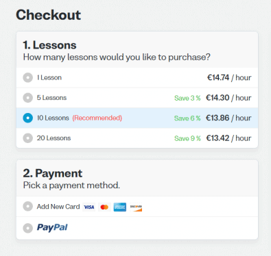 Screenshot of Verbling checkout showing fees, discounts, and available payment methods