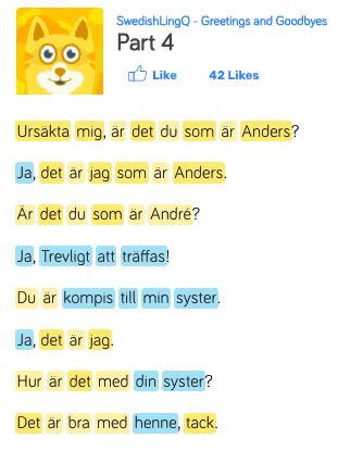 Several words in Swedish from a beginner lesson with words highlighted in blue and yellow. 