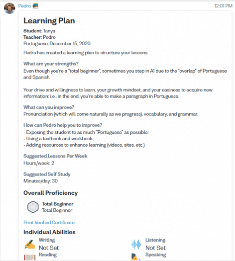 Screenshot of a Portuguese learning plan from the Verbling website