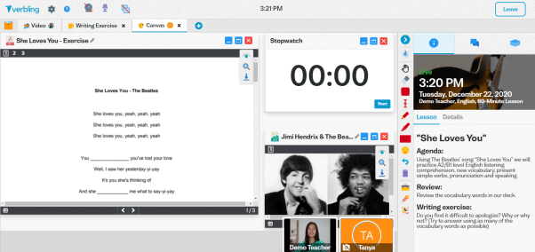 Screenshot of Verbling demo lesson with song lyrics, stop watch, and YouTube video on a canvas 