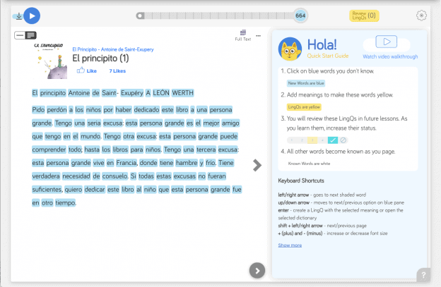 The first page of El Principito in the LingQ reading tool with all the words highlighted in blue. 