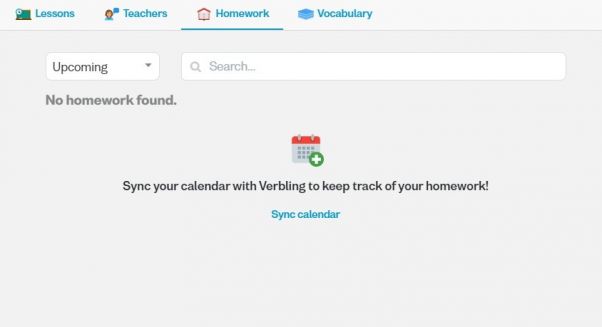 Screenshot of the homework tab on the Verbling website, with the option to synchronize it with a calendar