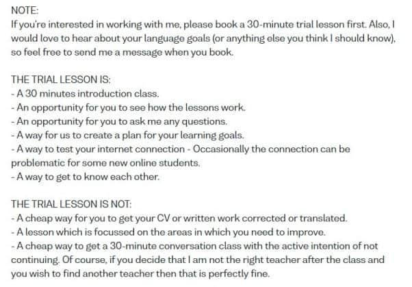 Screenshot from a teacher profile on Verbling, with 18 lines of text about trial lessons