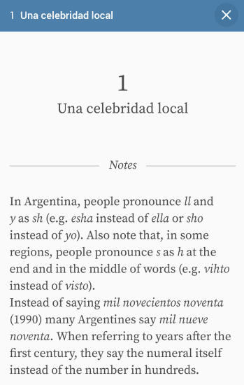 Screenshot of Lupa app with a description of the Argentinian accent and dialect.