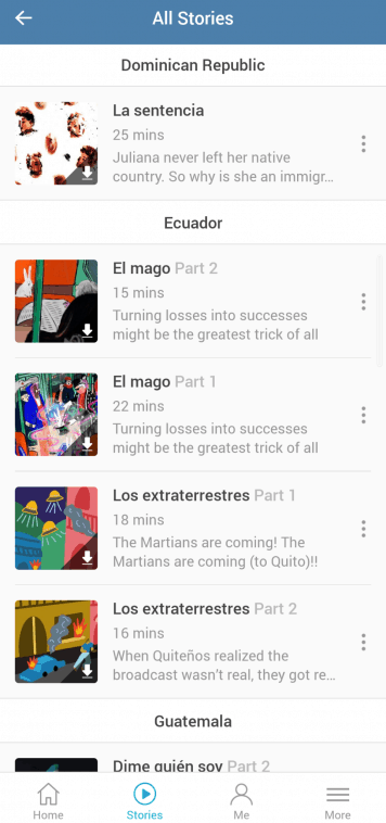 Screenshot of Lupa app with stories organised by country; there is 1 story for the Dominican Republic and 4 for Ecuador