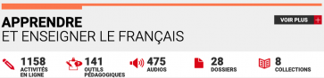 Text reads: "1158 activités en ligne, 141 outils pédagogiques, 475 audios, 28 dossiers, 8 collections"