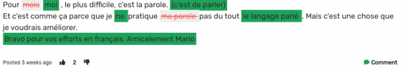 A paragraph in French with corrections highlighted in red and green