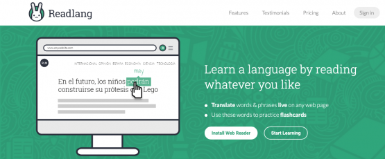 Computer mouse clicking a Spanish word on a webpage with English word highlighted above it. Text beside it reads, "Learn a language by reading whatever you like. Translate words & phrases live on any web page. Use the words to practice flashcards". 