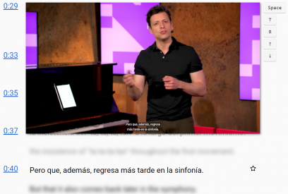 Screenshot of a video playing on CaptionPop with Spanish subtitles alongside blurred English subtitles.