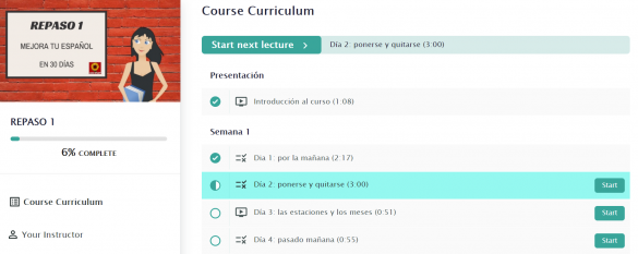 Screenshot of the Repaso 1 course showing the first week of lessons in the course curriculum.
