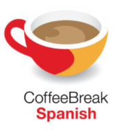 An image of a red and yellow coffee mug above the text, "CoffeeBreak Spanish."