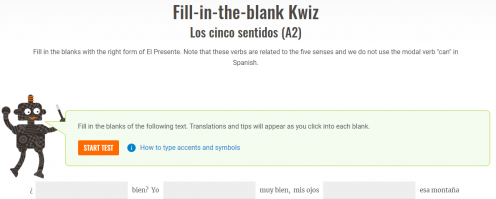Screenshot of a "Fill-in-the-blank Kwiz" exercise at the A2 level.