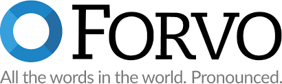 A blue circle appears next to the name "FORVO" in black. Underneath is the text, "All the words int he world. Pronounced."