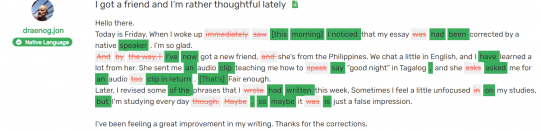 A screenshot of text marked with corrections in OPLingo's correction tool.