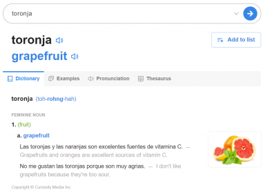 A screenshot of the SpanishDict entry for the word, "toronja," or "grapefruit" in English.