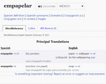 Screenshot showing the translation, word type, and example sentences for the Spanish word "empapelar."